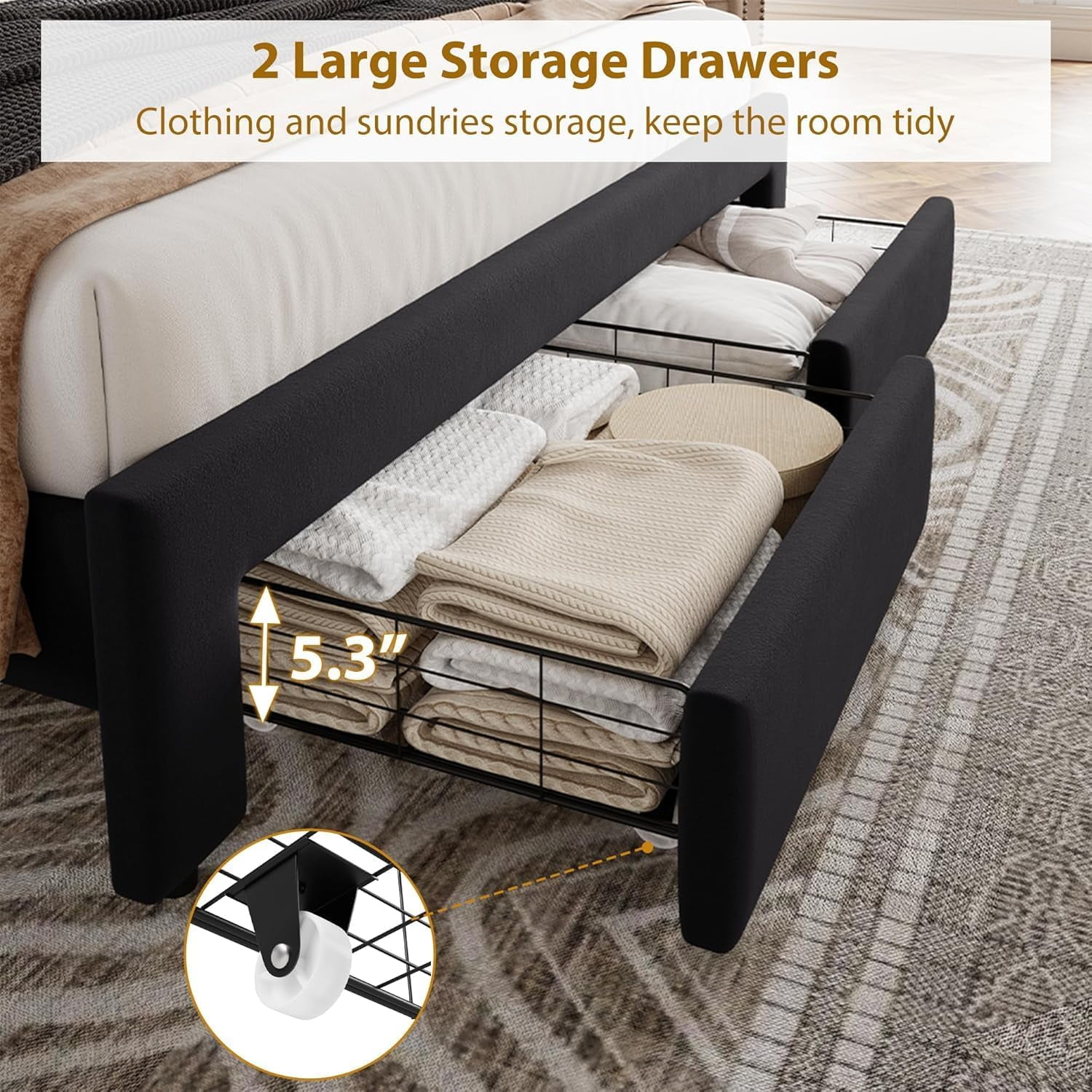 Kicctian Full Bed Frame with 2 Storage Drawers, Vintage Velvet Upholstered Platform Bed with Headboard,Black