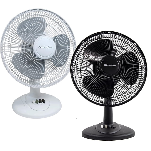 Comfort Zone Oscillating Table Fan Bundle, Adjustable Tilt, Convenient Push Button Controls, Quiet, 12 inch, 3 Speed, Desk Fan, A