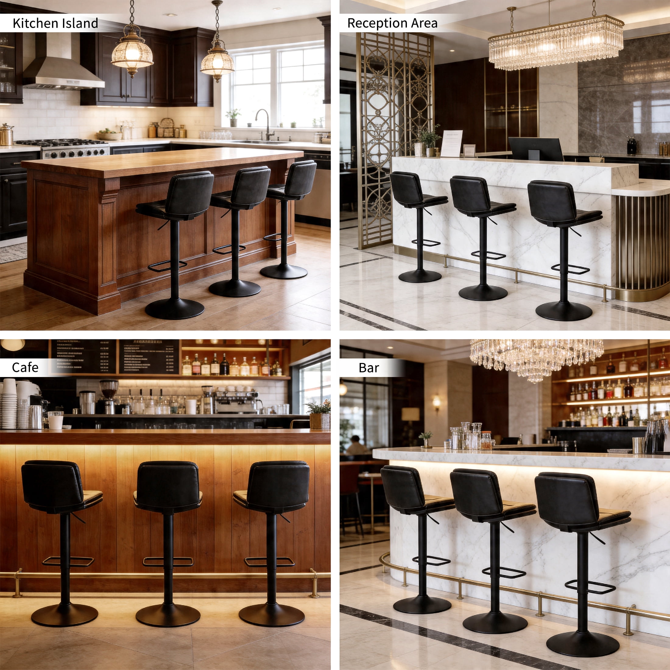 FIRAVOE Swivel Bar Stools Set of 2, Double-Layer Upholstered Counter Height Bar Stools with Back, PU Leather Height Adjustable Barstools for Kitchen Island, Black