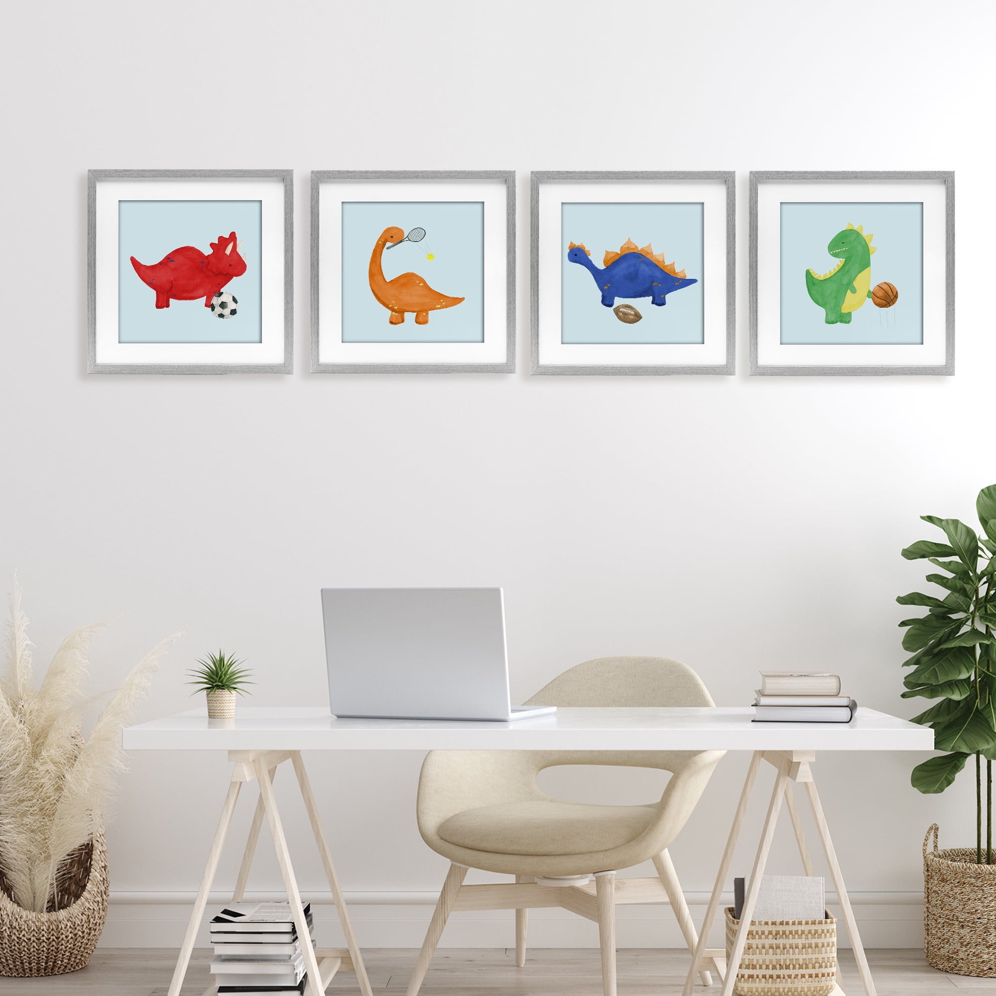 Stupell Industries Cute Animals Playing Sports 4 Piece Gray Framed Print Under Glass Set, design by Lucille Price