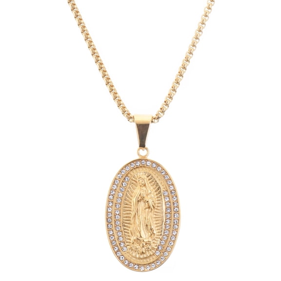 Stainless Steel Iced CZ Virgin Mary Guadalupe Pendant, 24" Box Chain Necklace SCP 5020 G