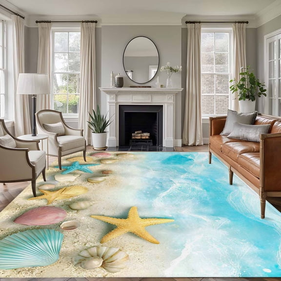 6'x9' Area Rugs, Blue Summer Beach Indoor Outdoor Area Rug for Living Room Bedroom, Coastal Starfish Shell Nautical Waves Washable Bathroom Rugs Kitchen Floor Carpet Mats Home Decor Aesthetic