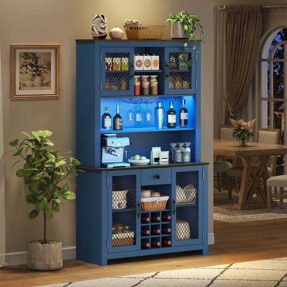 CQSXDA 70.9" Kitchen Pantry Storage Cabinet in  Wood Finish with LED Outlets for Dining Room Organization