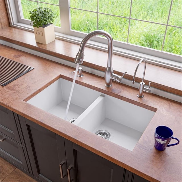 Pemberly Row White 34" Undermount Double Bowl Granite Composite Kitchen Sink
