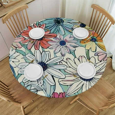 

Tllo0ord Round Fitted Tablecloth with Elastic Edge with Leaves Garden Blossoms Soft-Touch Fitted Table Cloth Waterproof Oil-Proof Table Cover Pale Pink White Grey Fits Tables 42-46