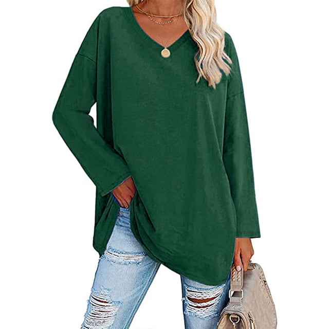 Blusa de mujer Camisa de manga larga Jersey de color puro Cuello en V Dobladillo suelto Diseño casual