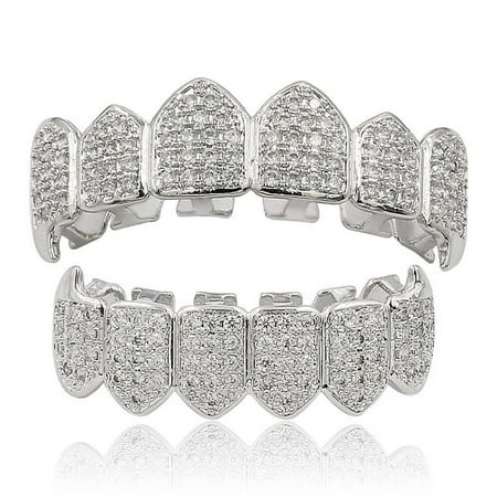 18K Gold & Silver Tone CZ Fang Bottom Row GRILLZ Mouth Teeth Grills, Plated Macro Pave CZ Iced-out Grillz with EXTRA Molding Bars Included,Silver color