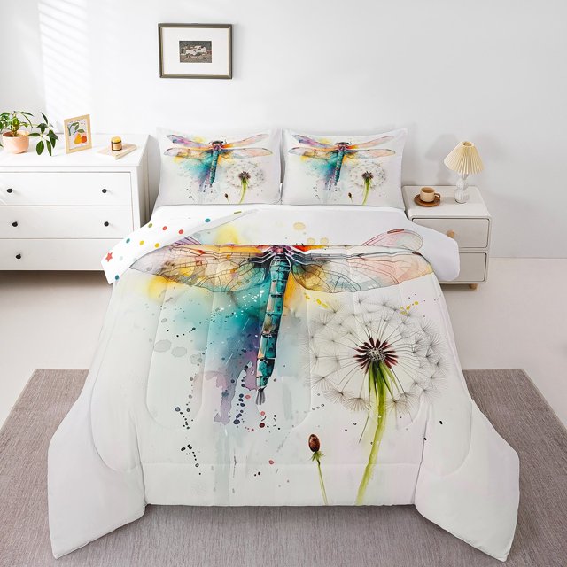 Erosebridal Ensembles de Literie Libellule Sauvage Simple avec Couette, Insert de Couette Fleurs de Pissenlit Botanique Feuilles, Réversible 2 Pcs, Super Confortable