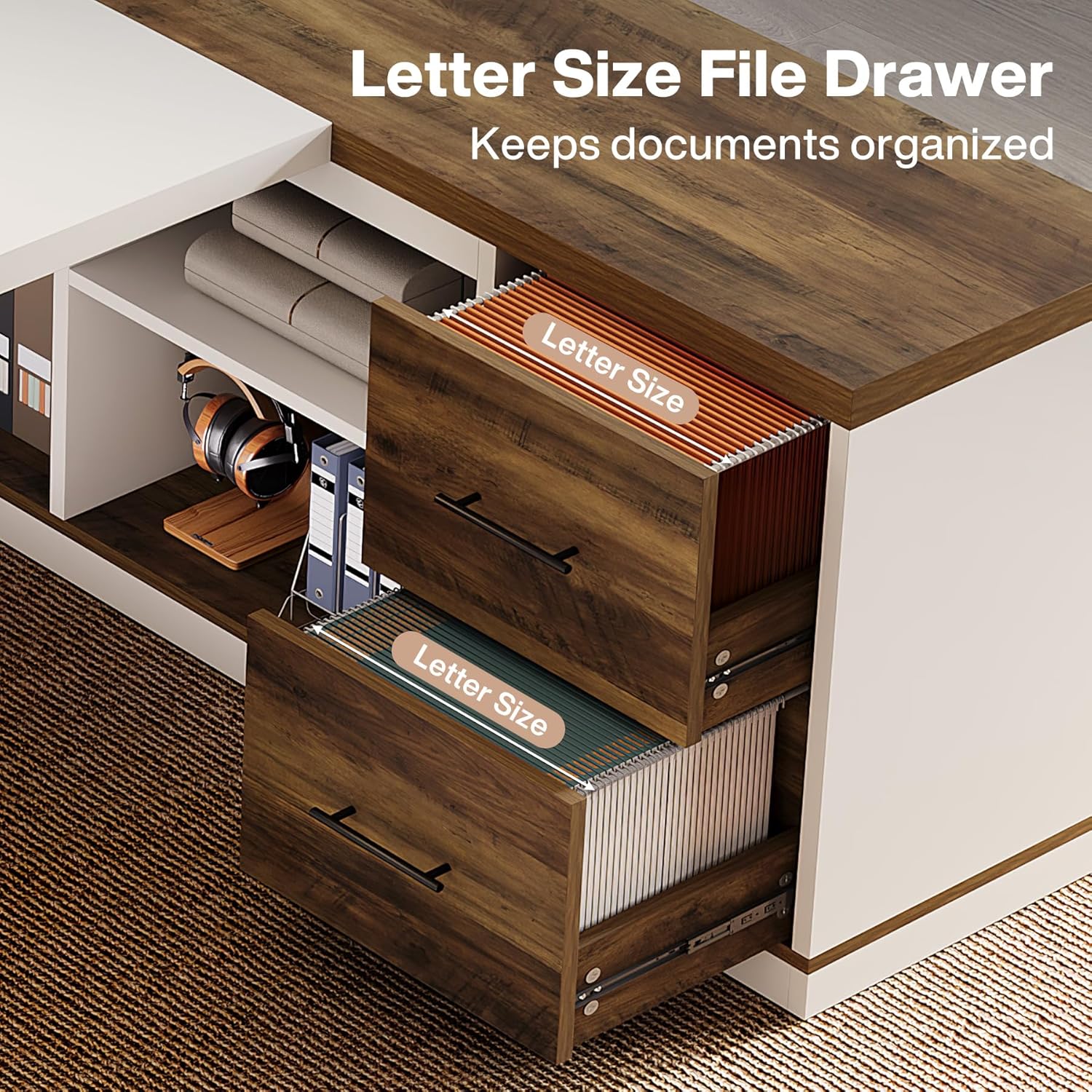 Finmind 78.7" L-Shaped Executive Desk, Modern Office Computer Desk with 55" Storage Cabinet, Drawers & Shelves, Brown & White