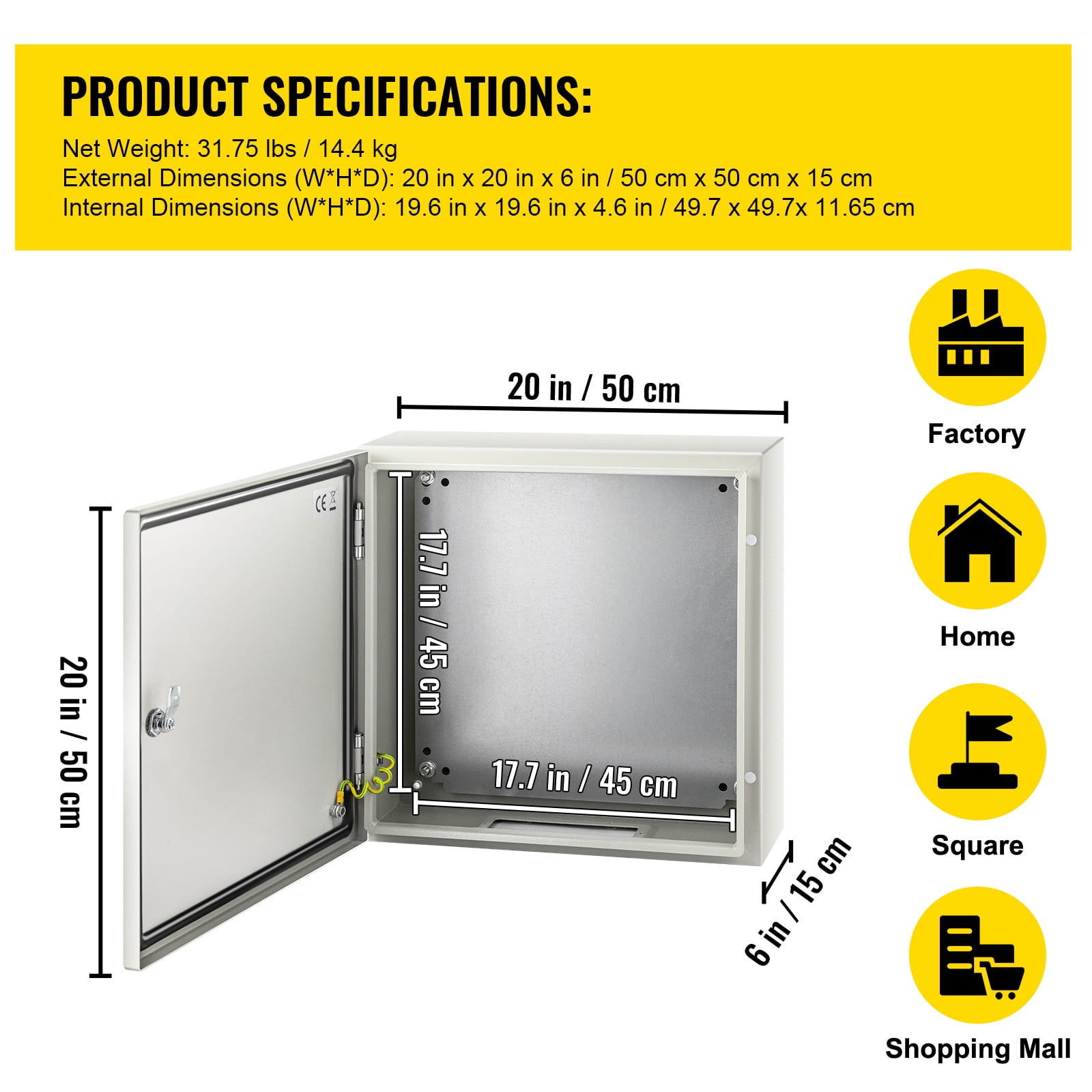 KFFKFF 20x20x6 Inch Carbon Steel IP65 Waterproof Electrical Enclosure Box, Hinged Lockable Wall-Mount Junction Cabinet, Gray Silver