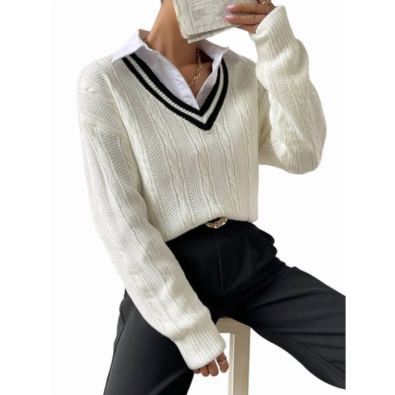 Womens V Neck Oversized Sweaters Long Sleeve Cable Knit Pullover Striped Chunky Sweater Casual Tennis Tunic Tops White S