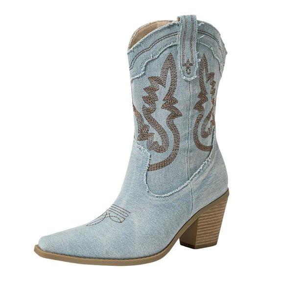 Juosiy Cowboy Boots for Women Embroidered Mid Calf Chunky Heel Pull-Up Classic Denim Cowgirl Booties