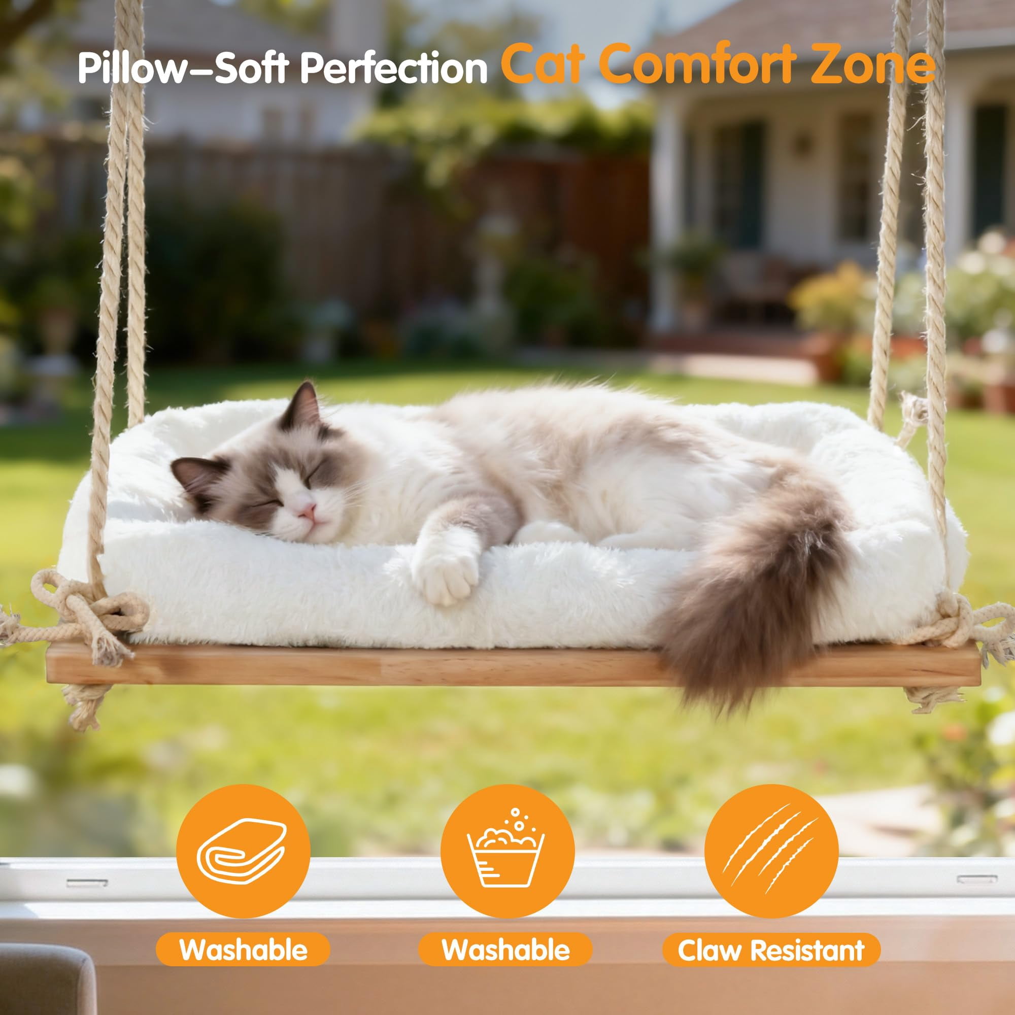 Cat Window Perch, Cat Hammock Bed with Solid Wood Seat 4 Heavy Duty Suction Cups, Plush Cushion, Indoor Pet Window Hammock for Cats for Large Cats