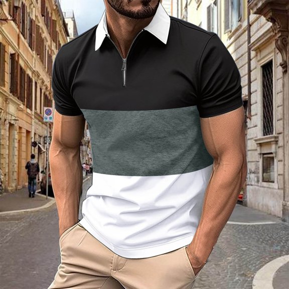 Golf Shirts for Men with Zipper Collared Short Sleeve Tshirts Shirt Mens Casual Color Block Pullover Slim Breathable Athletic Workout Tees Tops
