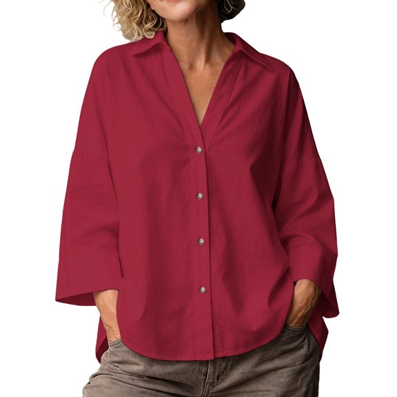 Mlkoz Women Striped Button Shirt, Collared 3/4 Sleeve Loose Casual Blouse,Red,M
