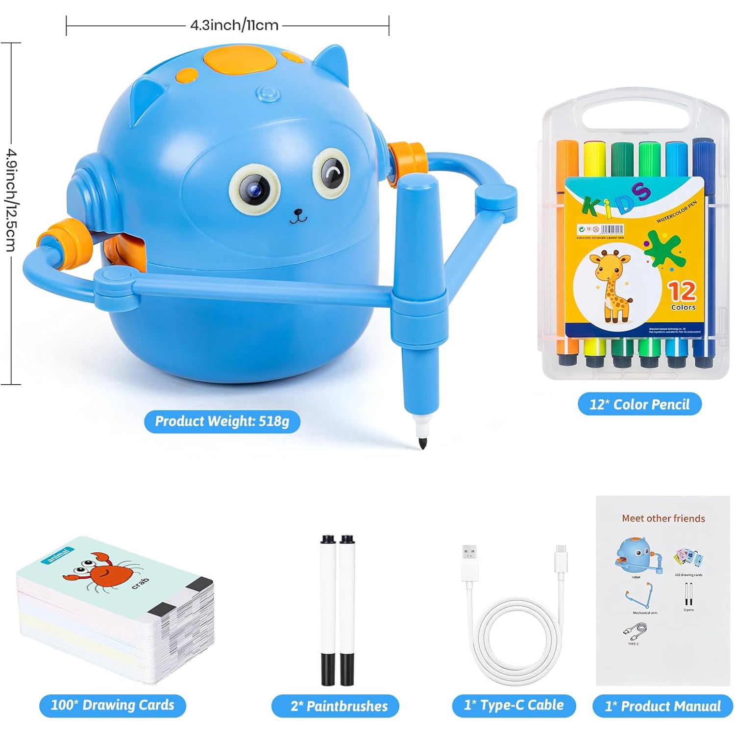 Drawing Robot for Kids, Interactive Educational Drawing Robot with Voice Interaction, Magic Painting Robot Toy with 100 Word Cards & 16 Color Pens for Girls and Boys Age 3+ (Blue)