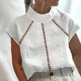 thumbnail image 4 of WREESH Womens Spring Summer Business Casual Tops Solid Color Casual High Neck Top Cotton Linen Hollow Out Design Short Sleeve Blouses White, 4 of 6