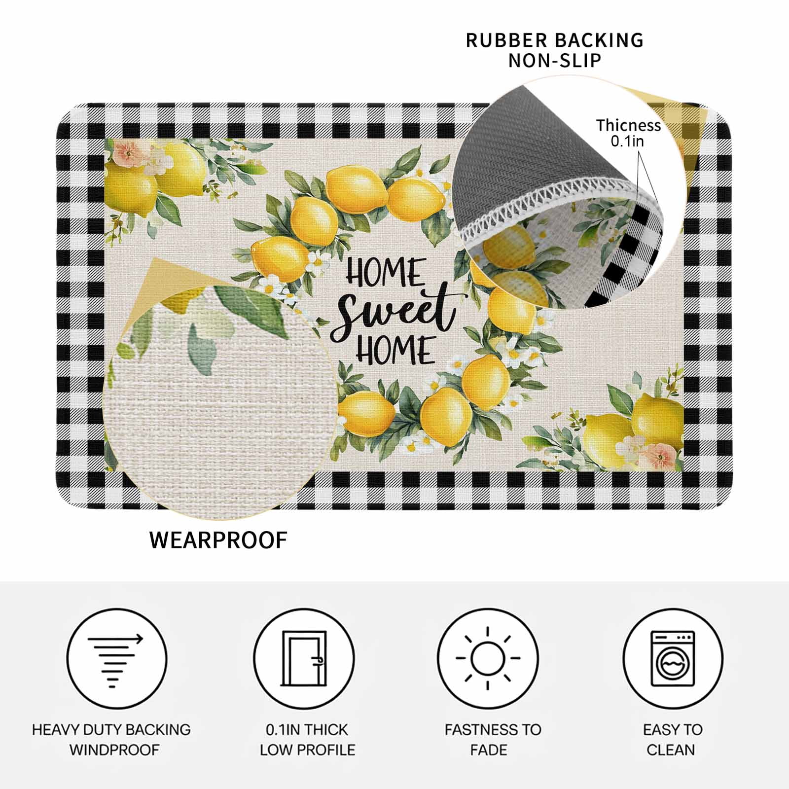 Summer Lemon Doormat Outdoor Entrance 20"x31.5", Farmhouse Black Check Plaid Vintage Absorb Moisture Dirt Door Mats, Non-Slip Rubber Backing Floor Mats Indoor, Low-Profile Front Door Rugs