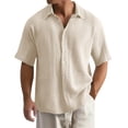 thumbnail image 4 of Men's Short Sleeve Button Down Shirt, Cotton Solid Color Textured Pleated Casual Shirt, Lightweight Loose Fit Beach Vacation Top for Men, Double Layer Crinkle Shirt Beige L, 4 of 10