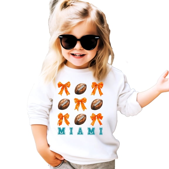 Girls Miami Football Sweatshirt Orange Bows and Footballs Game Day Pullover White Sweatshirt Youth Small
