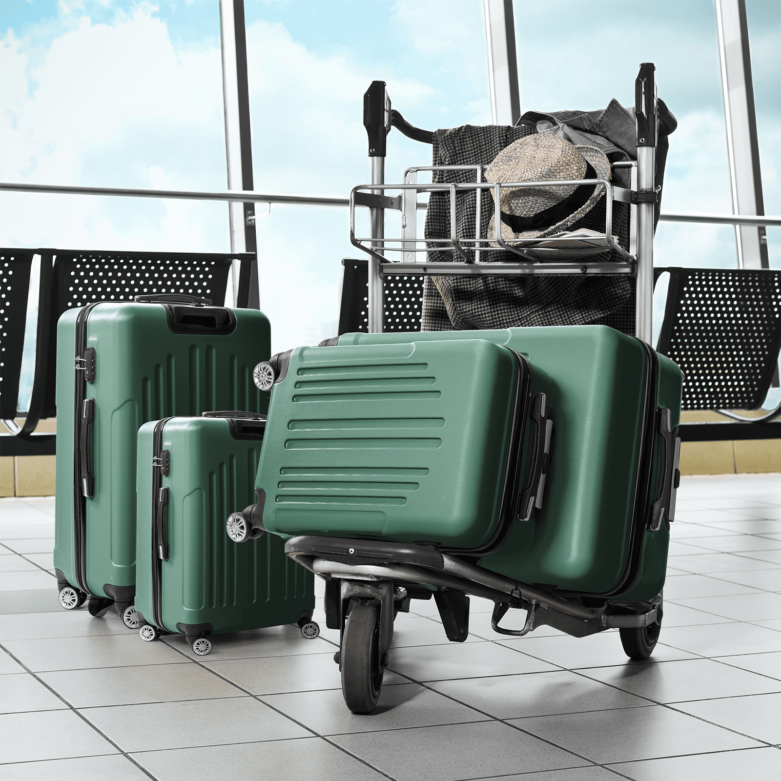 FCH Retro Green Striped 4-Piece Luggage Set (16"+20"+24"+28") | Expandable ABS Hardshell Suitcases with Aluminum Handle & 360° Wheels | Vintage Airline Approved Luggage