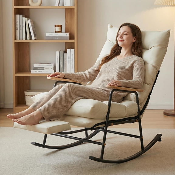 Keerffo Rocking Chair with Adjustable Backrest, 90-160 Degree Reclining Lazy Chair with Retractable Footrest Single Sofa for Living Room