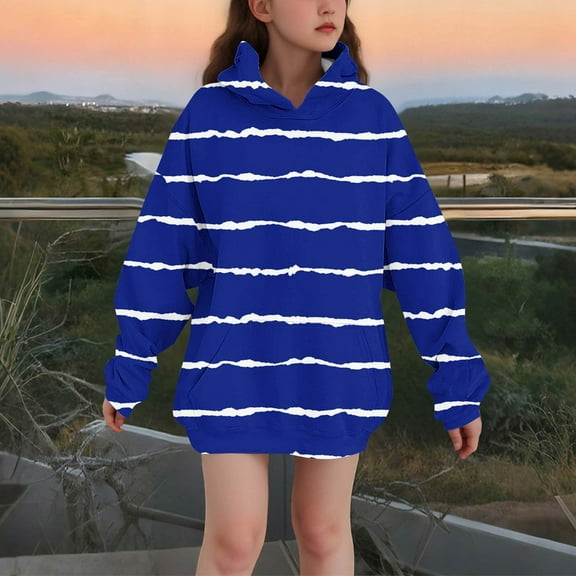 fnnxnal Big Girls Striped Hoodie - Oversized Polyester Spandex, Comfortable for Daily & Active Play, 11-12T Size, Blue Color