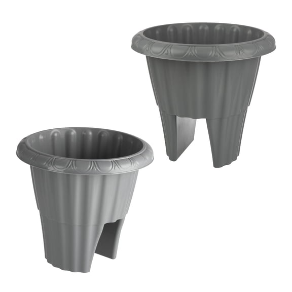 Pure Garden Railing Planter Box 2-Pack - 13.5” Round Outdoor Flower Pots with Drainage Inserts, Gray