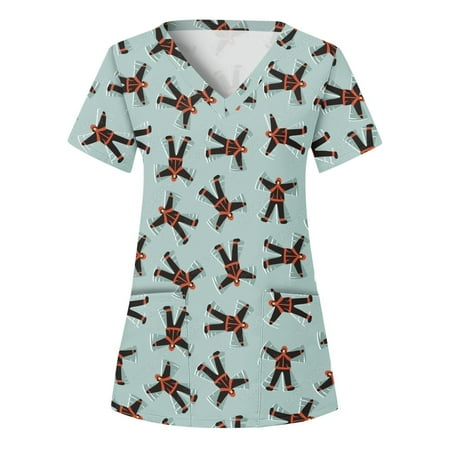 

Women Scrubs Tops V Neck Short Sleeve Tops Print T Shirt Casual Workwear Comfortable Nursing Uniform