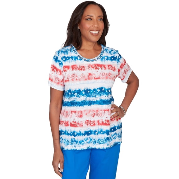 Alfred Dunner Womens Petite Americana Tie Dye Stripes Tee