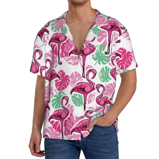 Fotbe Flamingo Camisa Estampada de Manga Corta para Hombre, Casual de Verano, Estilo Playero, Sin Arrugas-Large