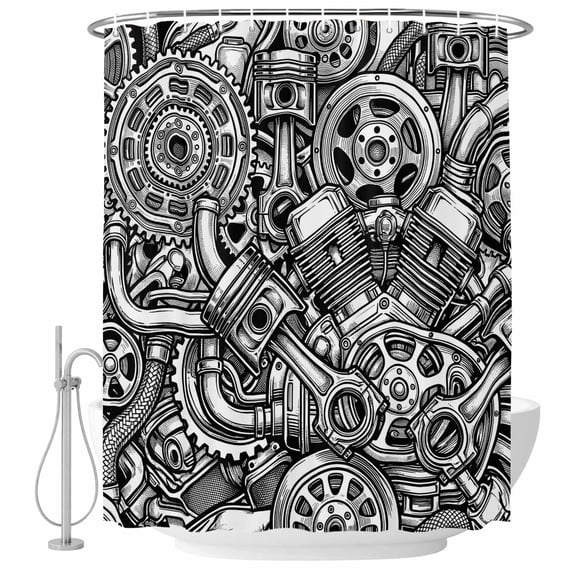 Black Grey Car Shower Curtain Set - 48" x 72" Washable Bathtub Curtain with 12 Hooks, Vintage Automobile Car Parts Engine Print Waterproof Fabric Stall Shower Curtains for Bathroom/Bathtub Décor