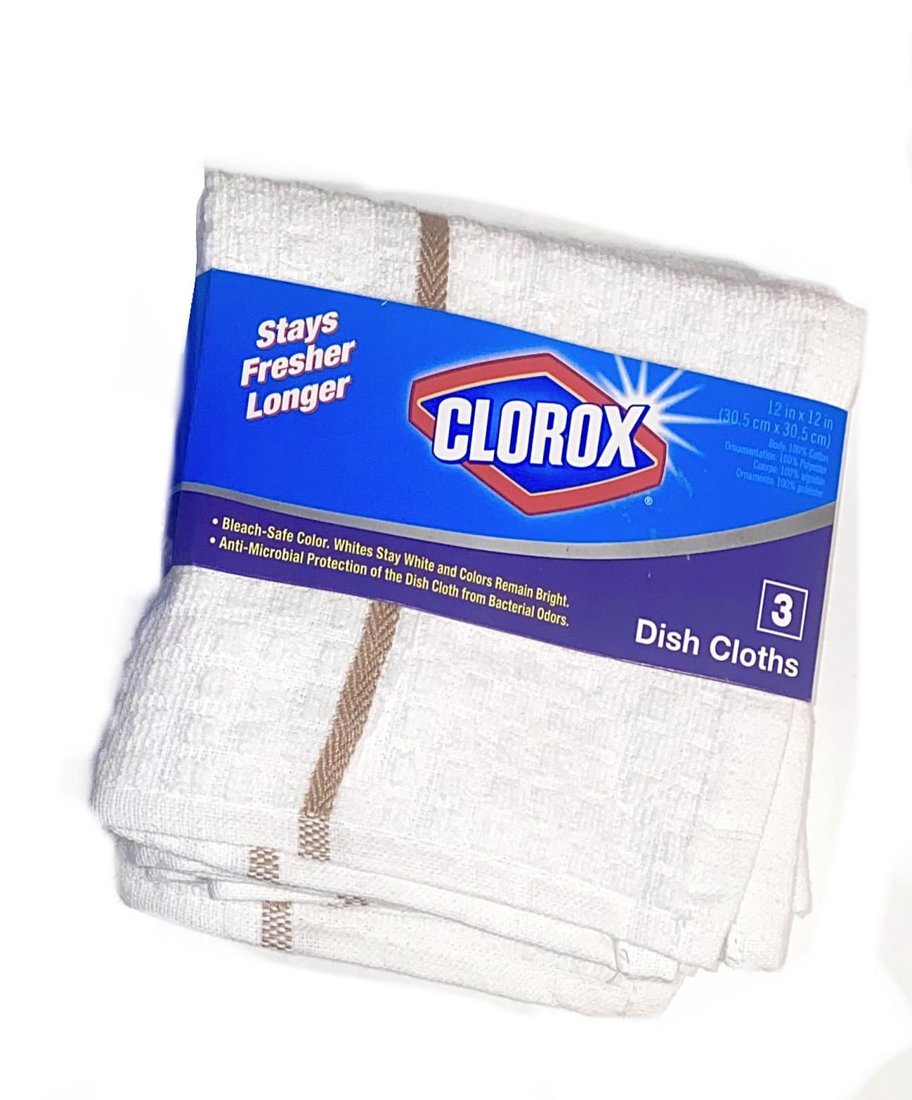 Clorox Dish Cloths - 3 Count Pack , White Brown Stripe