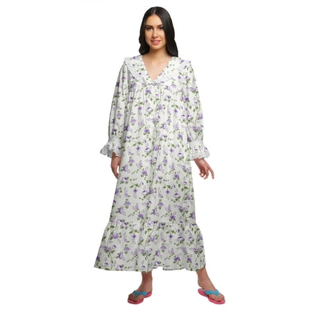 Moomaya Printed V-Neck Sleepwear Cotton Ruffled Border WoMen s Maxi Nightdress