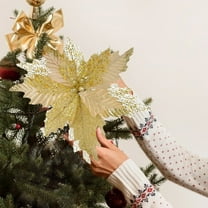 Rkxzt 14.57" Large Glitter Poinsettia Flowers Stems Clips Velvet Floral Picks Christmas Flowers Christmas Tree Ornaments Wreath Garland Decoration, Gold