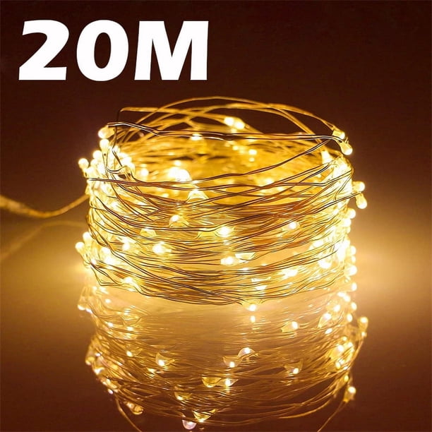 Guirnalda de luces LED USB con alambre de cobre de 20 m y 200 LED para exteriores, para decoración de árboles de Navidad, bodas y fiestas