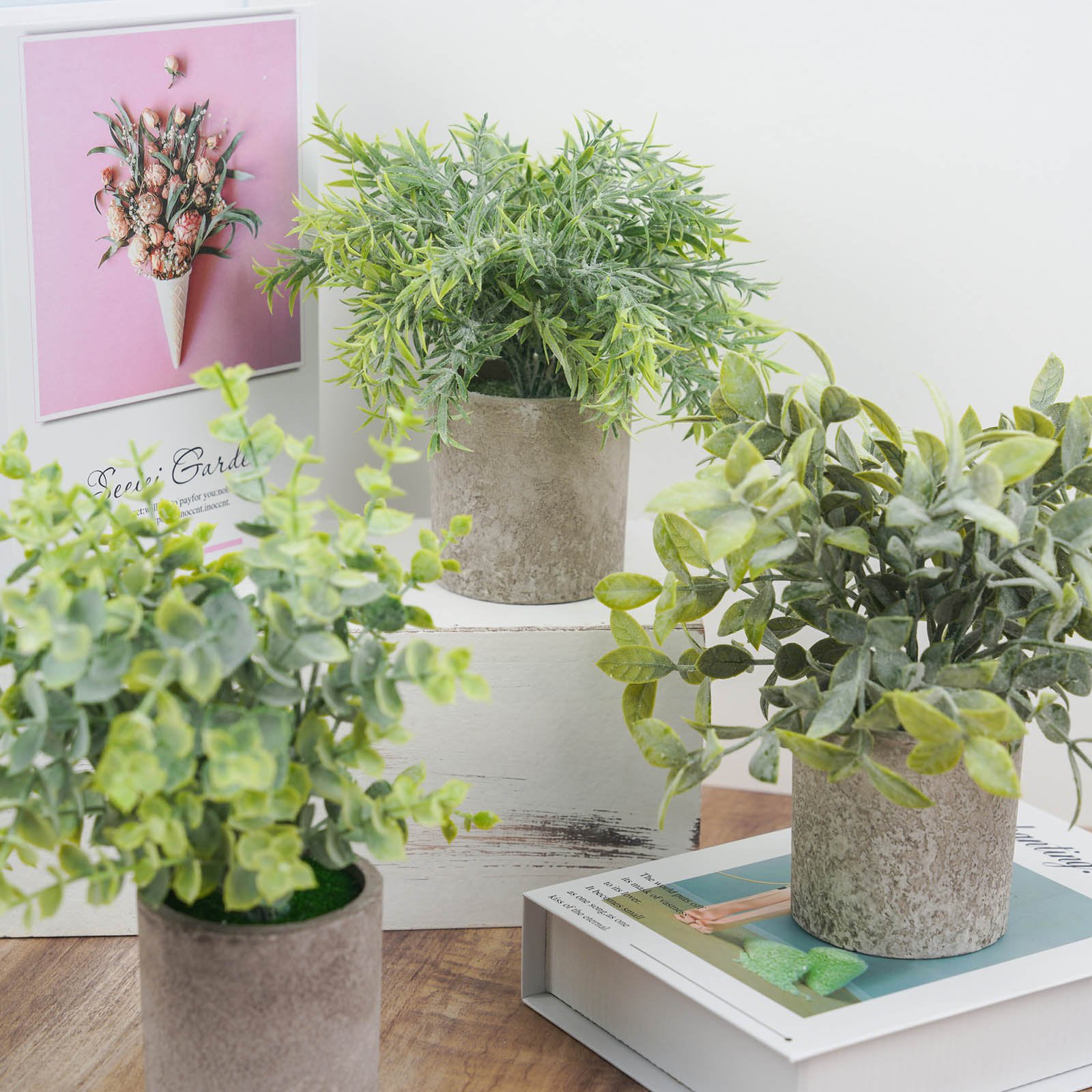 Tableclothsfactory Set of 3 6” Assorted Aeonium Artificial Faux Succulent Mini Green Plant in Wood Grain Pot 