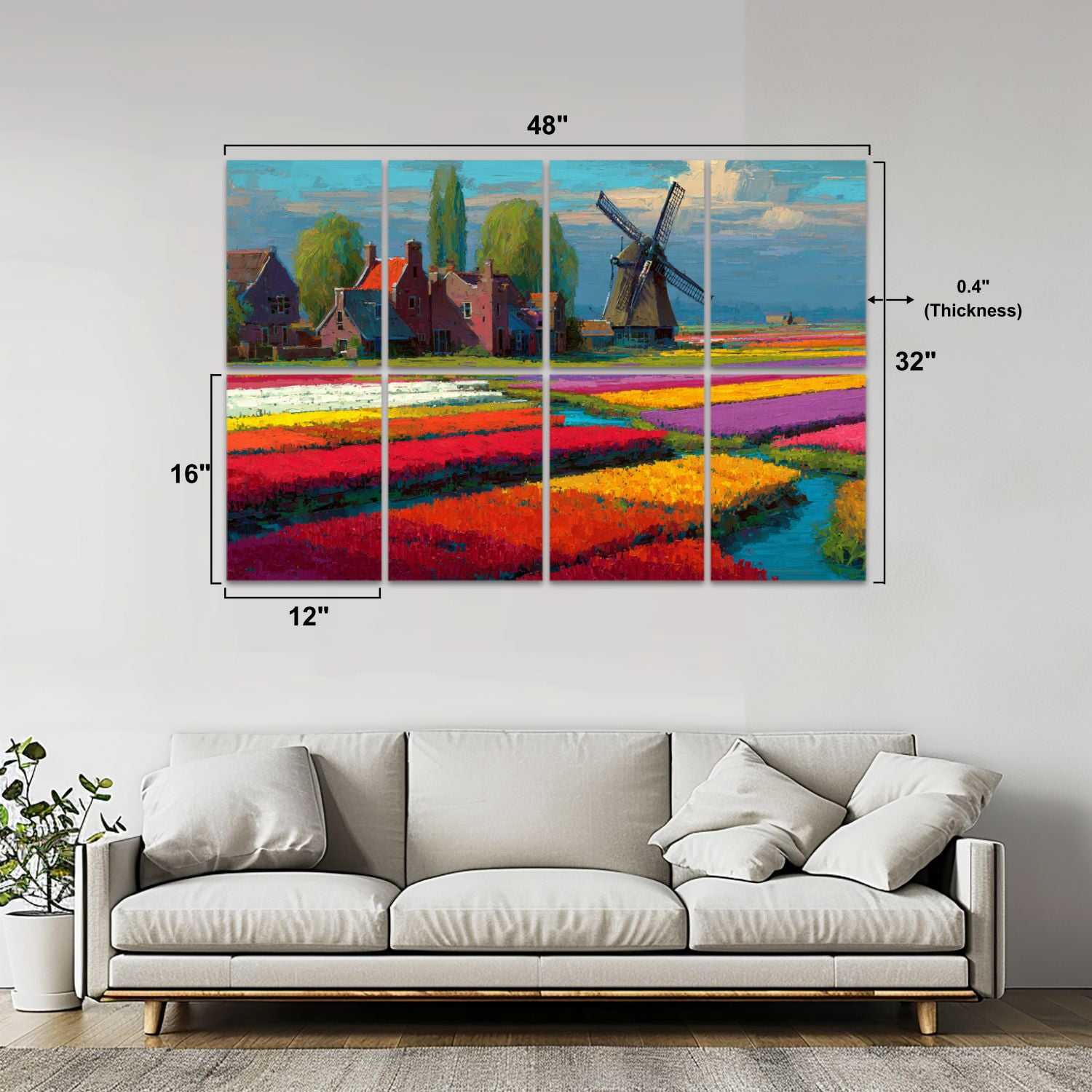 Windmill 8 Pack Art Acoustic Panels Sound Absorbing Moody Dutch Landscape Windmill Tulips Scenic Canal Decorative Soundproof Wall Panels Self Adhesive for Nursery Game Room Bedroom 48"x32"