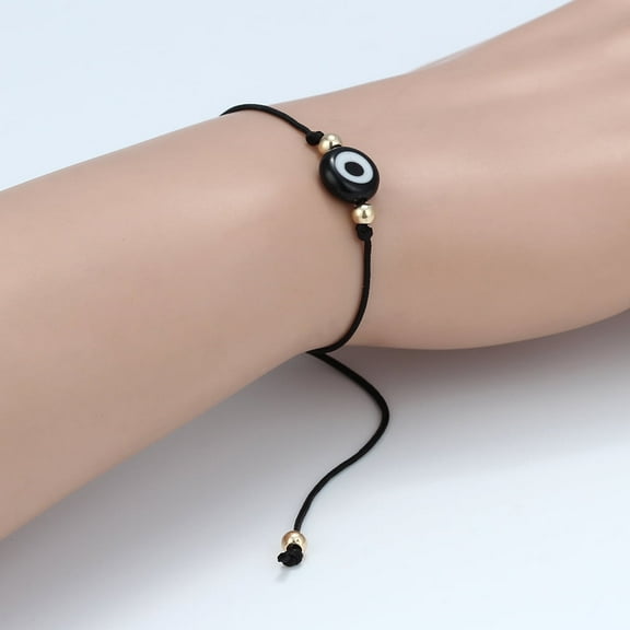Flat Round with Evil Eye Bead Bracelets Adjustable Fiber Thread Bracelets for Women Men Black 9-7/8 inch(25cm)