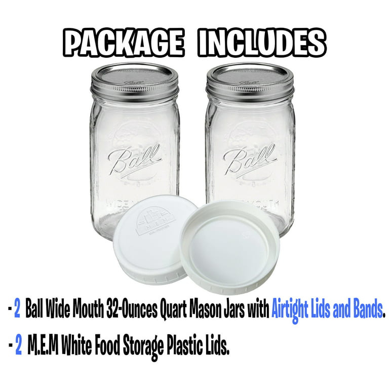 Wide Mouth Mason Jars 32 oz - (4 Pack) - Ball Wide Mouth 32-Ounces Quart  Mason Jars With Airtight lids and Bands - Clear Glass Mason Jars For  Storage