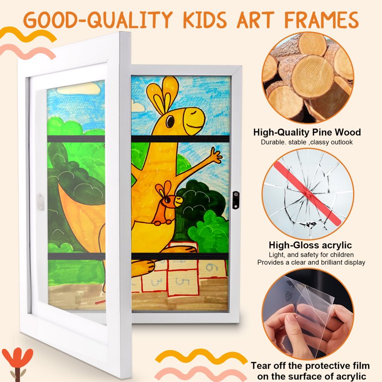 Kids Art Display Frame Set - 8.5x11 Front Opening, Holds 50+ Drawings, Rustic Style (3 Pack)