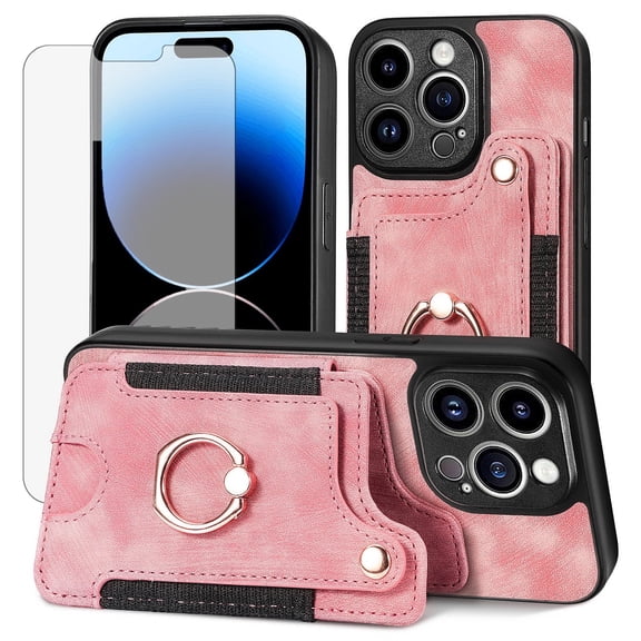 Phone Case for iPhone 14 Pro Max 6.7 inch Wallet Cell Cover with Tempered Glass Screen Protector Slim Lanyard Wrist Strap RFID Ring Stand Credit Card Holder Slot iPhone14promax 5G i Phone14Max Pink