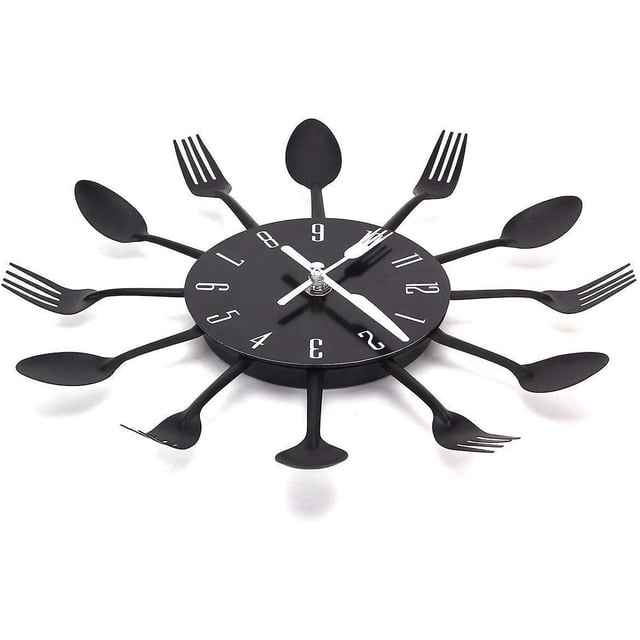 Mirror Effect Kitchen Clock with Spoon, Black, Fork, 3D Removable Sticker for Home Decoration 32*32*4CM Colorful