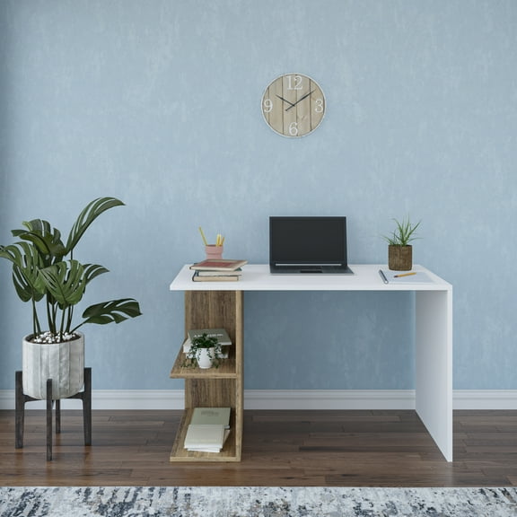 Ada Home Decor Minimalist Home Office Computer Desk Workstation with 2 Shelves Bookcase, White/Walnut