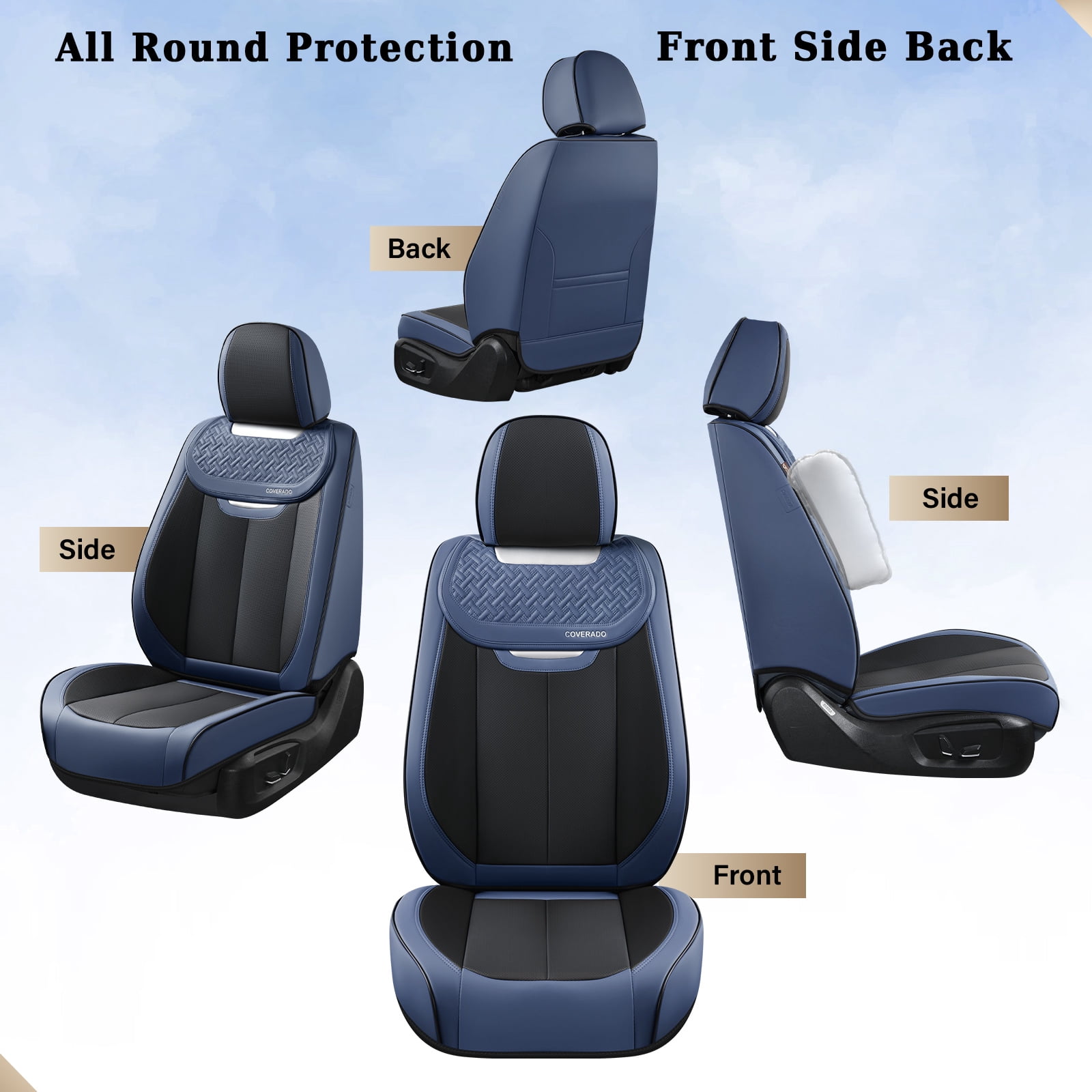 Coverado Front Car Seat Covers, Luxury Leather Car Seat Protectors, Automotive Interior Cushions Universal Fit Most Cars, Black&Blue