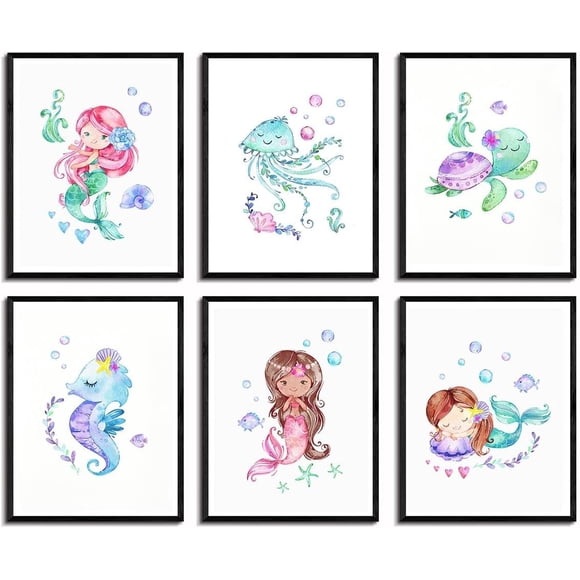 Mermaid Poster Ocean themed Watercolor Prints Wall Art Decor Canvas Art nautical HD Print Painting Room Aesthetics Decor 8X10 inch Set of 6 Unframed