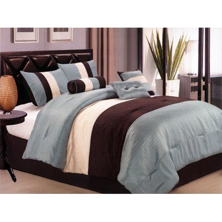 7 Pcs Sleek Contemorary Striped Satin Comforter Set Blue Brown