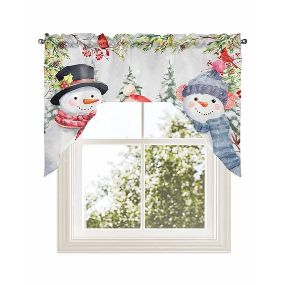 Red Blue Christmas Snowman Kitchen Curtains Swag Valance for Windows/Bathroom/Cafe, Green Xmas Tree Winter Cardinal Rod Pocket Drape Panel Swag Curtains Valance for Bedroom/Living Room 56"x36"