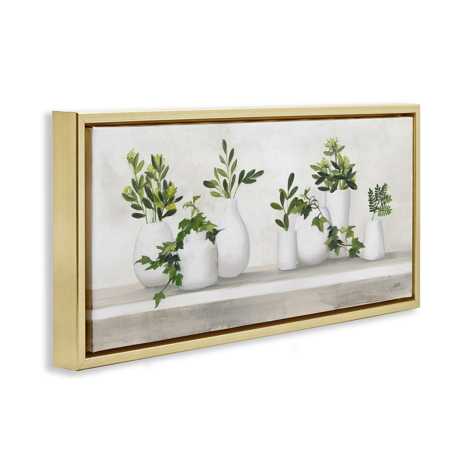 Stupell Industries Traditional Potted Cottage Plants Botanical & Floral Painting Gold Floater Framed Canvas Art Print Wall Art, 25 x 11