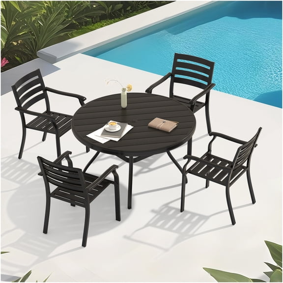 5-Piece Outdoor Patio Dining Set with Stackable Chairs and Round Table, Black Metal Garden Table and Chairs for Backyard, Lawn, Deck